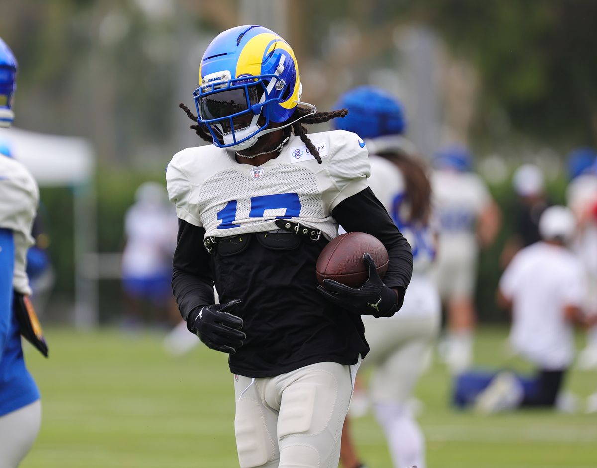 #17 Davante Adams of the Los Angeles Rams runs with the ball during joint practice against the New Orleans Saints on August 14, 2025 in Carson, CA.