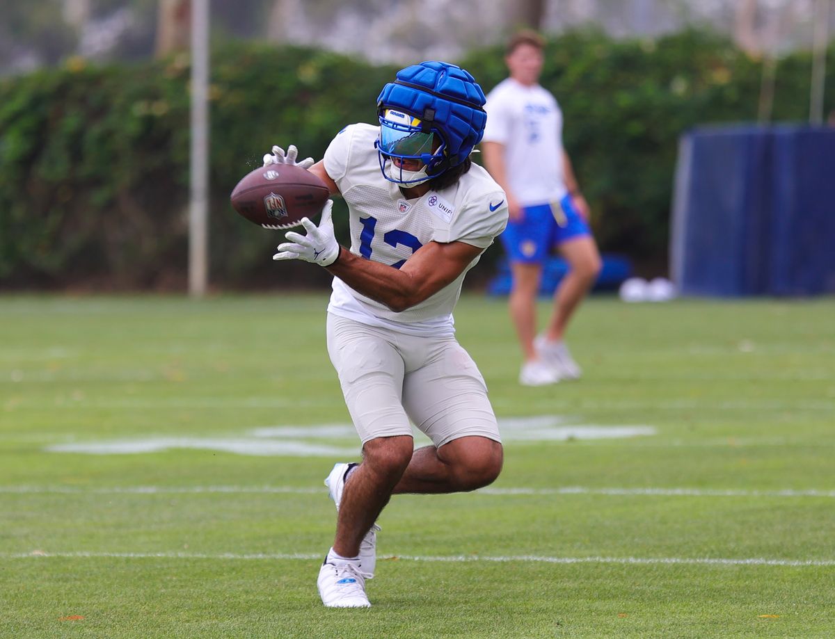 #12 Puka Nacua catches a pass during joint practice against the New Orleans Saints on August, 14, 2025 in Carson, CA.