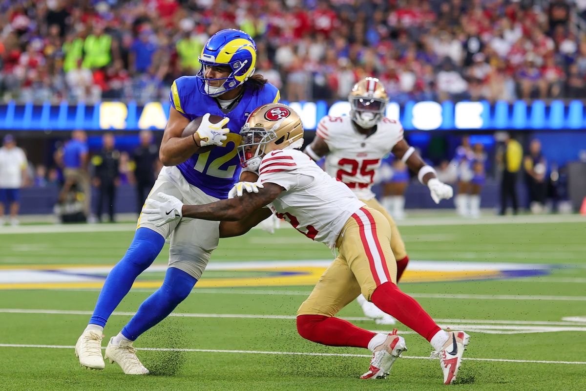 #12 Puka Nacua of the Los Angeles Rams catches a pass during an NFL game against the San Fransisco 49ers on October 2, 2025 in Inglewood, CA. #12 Puka Nacua of the Los Angeles Rams catches a pass during an NFL game against the San Fransisco 49ers on October 2, 2025 in Inglewood, CA.