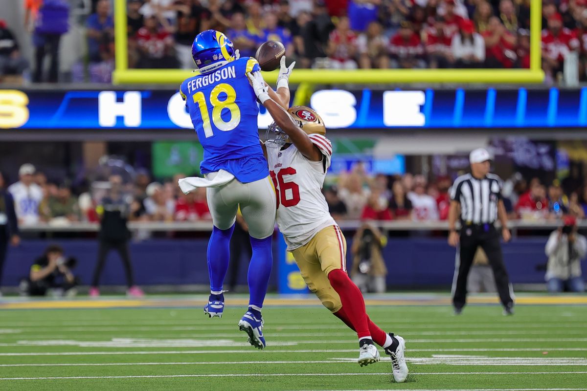 #18 Terrance Ferguson of the Los Angeles Rams catches a pass during an NFL game against the San Fransisco 49ers on October 2, 2025 in Inglewood, CA. #18 Terrance Ferguson of the Los Angeles Rams catches a pass during an NFL game against the San Fransisco 49ers on October 2, 2025 in Inglewood, CA.