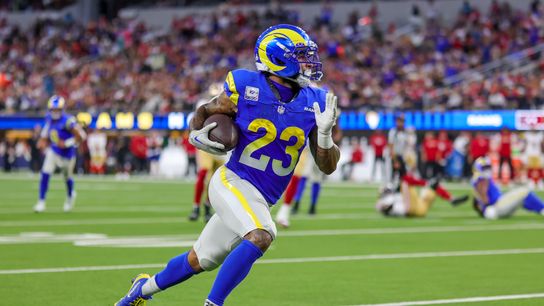 #23 Kyren Williams of the Los Angeles Rams runs the football during an NFL game against the San Fransisco 49ers on October 2, 2025 in Inglewood, CA.