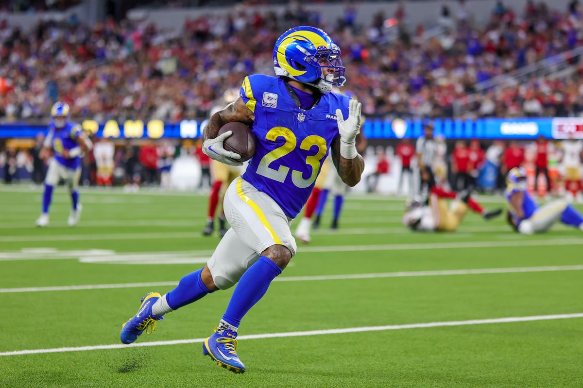 #23 Kyren Williams of the Los Angeles Rams runs the football during an NFL game against the San Fransisco 49ers on October 2, 2025 in Inglewood, CA. #23 Kyren Williams of the Los Angeles Rams runs the football during an NFL game against the San Fransisco 49ers on October 2, 2025 in Inglewood, CA.