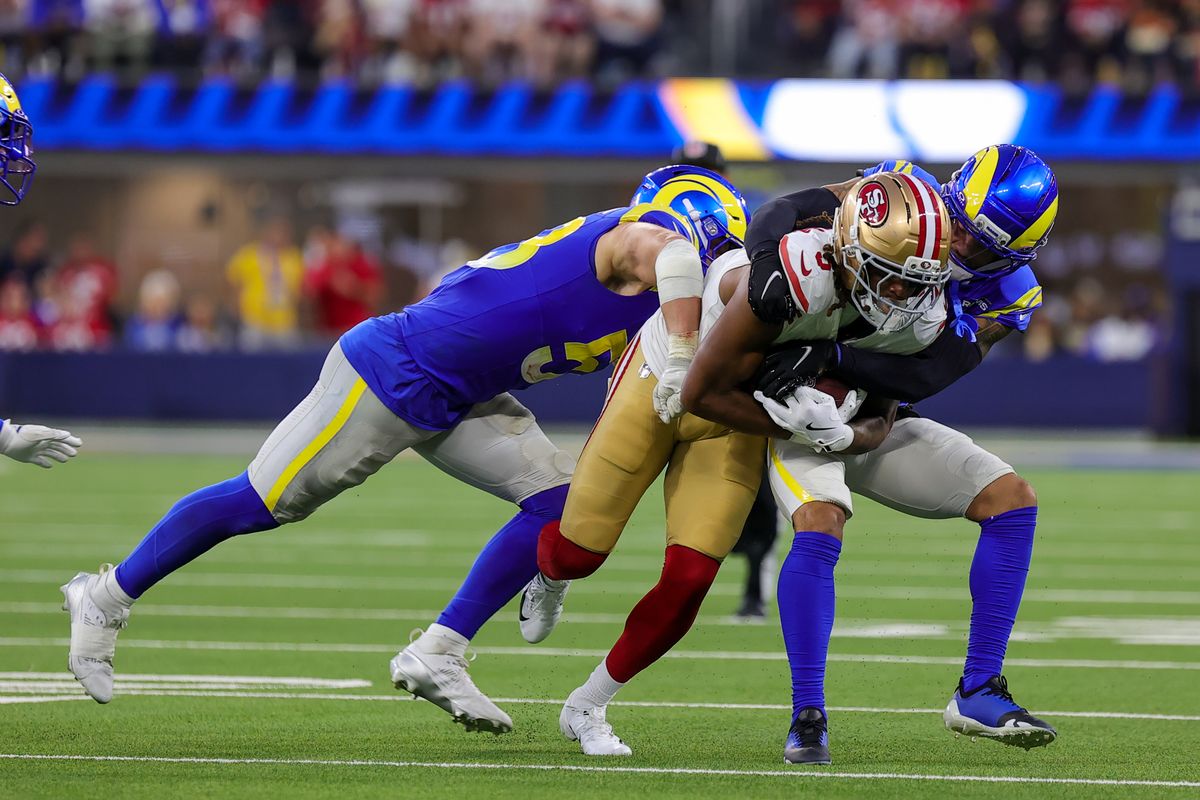 #9 Skyy Moore of the San Fransisco 49ers catches a pass during an NFL game against the Los Angeles Rams on October 2, 2025 in Inglewood, CA. #9 Skyy Moore of the San Fransisco 49ers catches a pass during an NFL game against the Los Angeles Rams on October 2, 2025 in Inglewood, CA.