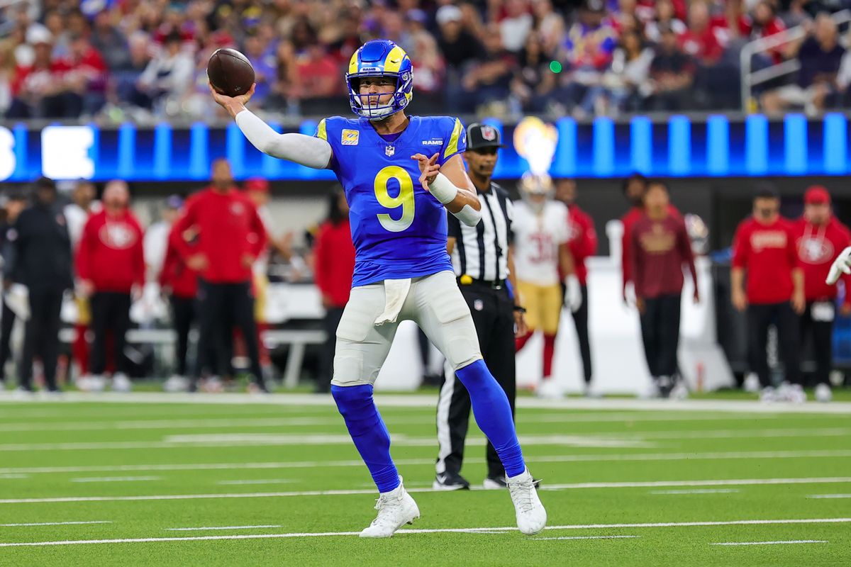 #9 Matthew Stafford of the Los Angeles Rams throws a pass during an NFL game against the San Fransisco 49ers on October 2, 2025 in Inglewood, CA. #9 Matthew Stafford of the Los Angeles Rams throws a pass during an NFL game against the San Fransisco 49ers on October 2, 2025 in Inglewood, CA.