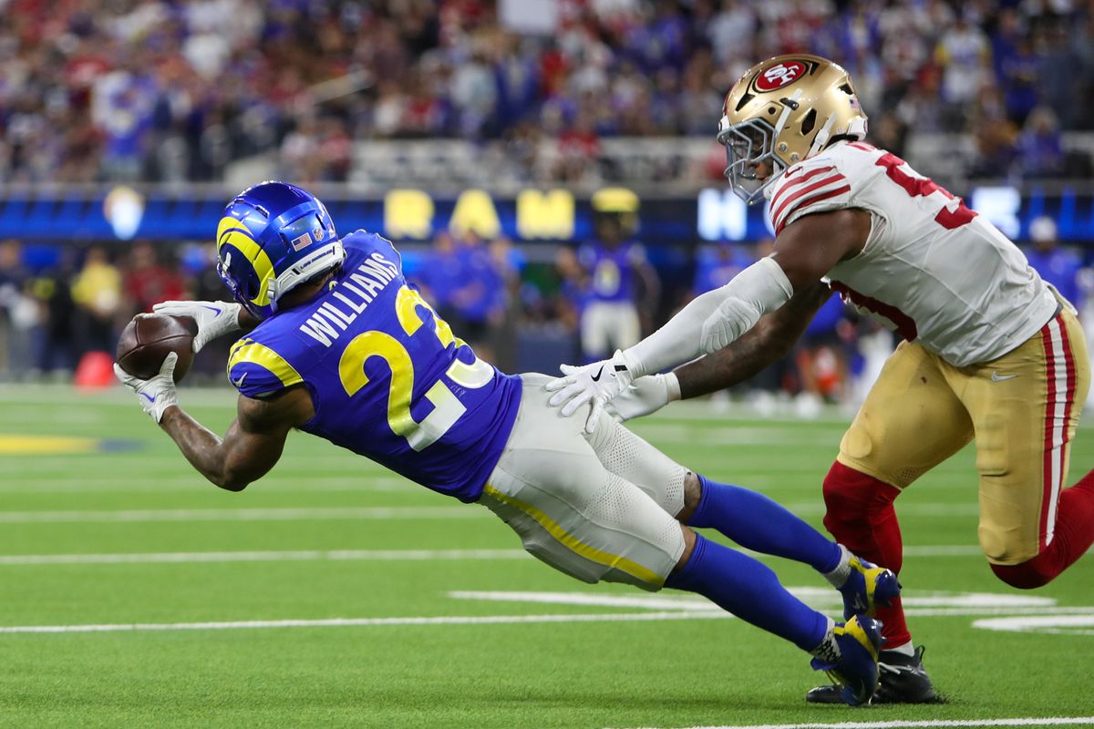 #23 Kyren Williams of the Los Angeles Rams catches a pass during an NFL game against the San Fransisco 49ers on October 2, 2025 in Inglewood, CA. #23 Kyren Williams of the Los Angeles Rams catches a pass during an NFL game against the San Fransisco 49ers on October 2, 2025 in Inglewood, CA.
