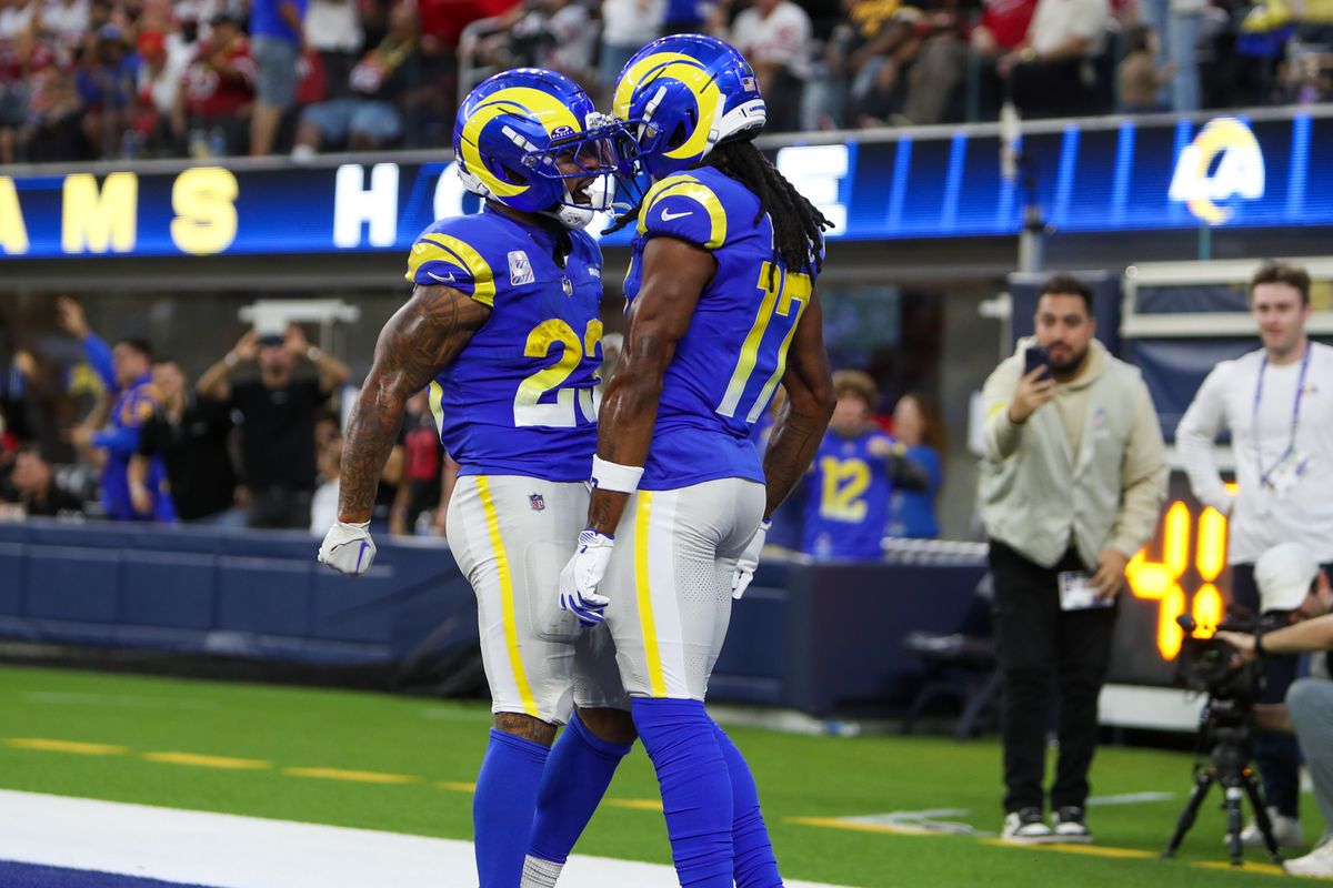 #23 Kyren Williams and #17 Davante Adams of the Los Angeles Ram celebrate a touchdown during an NFL game against the San Fransisco 49ers on October 2, 2025 in Inglewood, CA. #23 Kyren Williams and #17 Davante Adams of the Los Angeles Ram celebrate a touchdown during an NFL game against the San Fransisco 49ers on October 2, 2025 in Inglewood, CA.