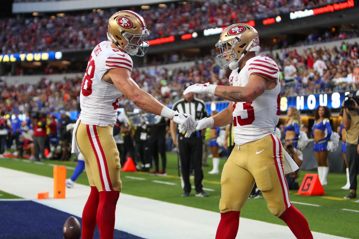 #23 Christian McCaffrey and #88 Jake Tonges of the San Fransisco 49ers celebrate a touchdown during an NFL game against the Los Angeles Rams on October 2, 2025 in Inglewood, CA. #23 Christian McCaffrey and #88 Jake Tonges of the San Fransisco 49ers celebrate a touchdown during an NFL game against the Los Angeles Rams on October 2, 2025 in Inglewood, CA.