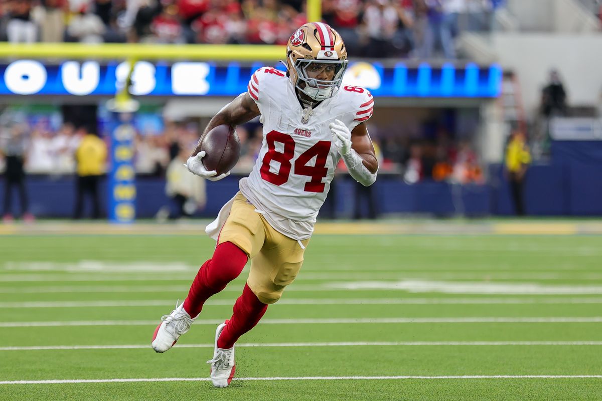 #84 Kendrick Bourne of the San Fransisco 49ers carries the football upfield during an NFL game against the Los Angeles Rams on October 2, 2025 in Inglewood, CA. #84 Kendrick Bourne of the San Fransisco 49ers carries the football upfield during an NFL game against the Los Angeles Rams on October 2, 2025 in Inglewood, CA.