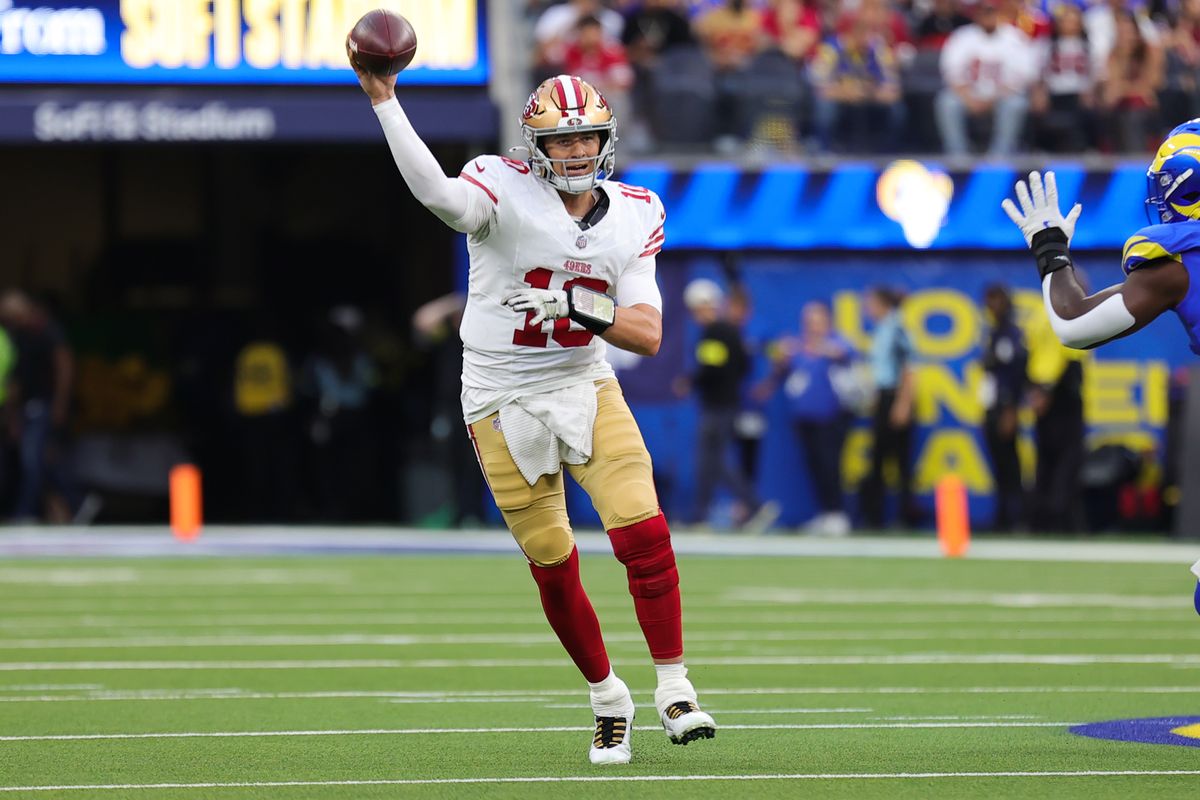 #10 Mac Jones of the San Fransisco 49ers throws a pass during an NFL game against the Los Angeles Rams on October 2, 2025 in Inglewood, CA. #10 Mac Jones of the San Fransisco 49ers throws a pass during an NFL game against the Los Angeles Rams on October 2, 2025 in Inglewood, CA.