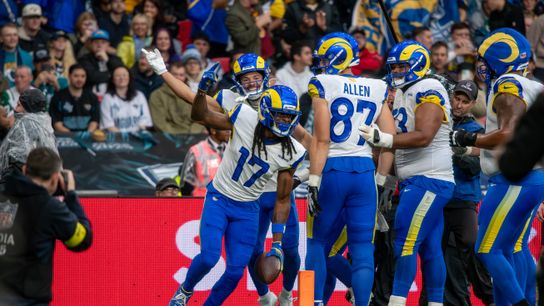 Los Angeles Rams wide receiver Davante Adams (17) celebrates a touchdown against the Jacksonville Jaguars during the second half of an NFL International Series game at Wembley Stadium in London on October 18, 2025.