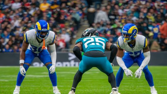 The Los Angeles Rams line up for a play against the Jacksonville Jaguars during the second half of an NFL International Series game at Wembley Stadium in London on October 18, 2025.