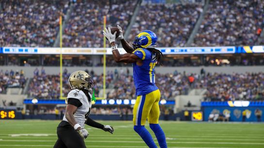 Davante Adams #17 of the Los Angeles Rams catches the a touchdown pass during a game football at Sofi Stadium on November 02, 2025, in Inglewood, CA. Davante Adams #17 of the Los Angeles Rams catches the a touchdown pass during a game football at Sofi Stadium on November 02, 2025, in Inglewood, CA.