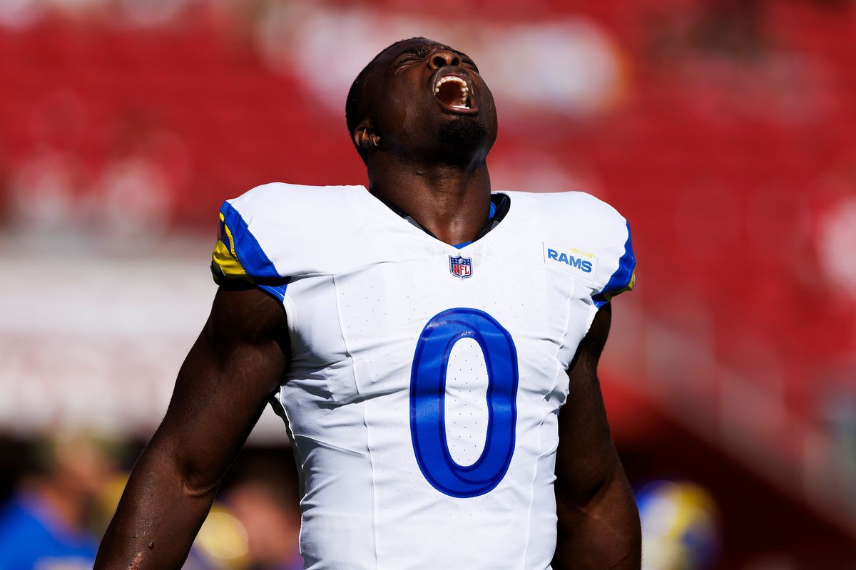 Byron Young #0 of the Los Angeles Rams yells during the game against the San Francisco 49ers at Levi’s Stadium on November 9, 2025 in Santa Clara, California. Byron Young #0 of the Los Angeles Rams yells during the game against the San Francisco 49ers at Levi’s Stadium on November 9, 2025 in Santa Clara, California.