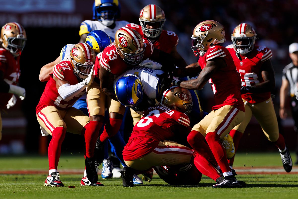 Kyren Williams #23 of the Los Angeles Rams is tackled during the game against the San Francisco 49ers at Levi’s Stadium on November 9, 2025 in Santa Clara, California. Kyren Williams #23 of the Los Angeles Rams is tackled during the game against the San Francisco 49ers at Levi’s Stadium on November 9, 2025 in Santa Clara, California.