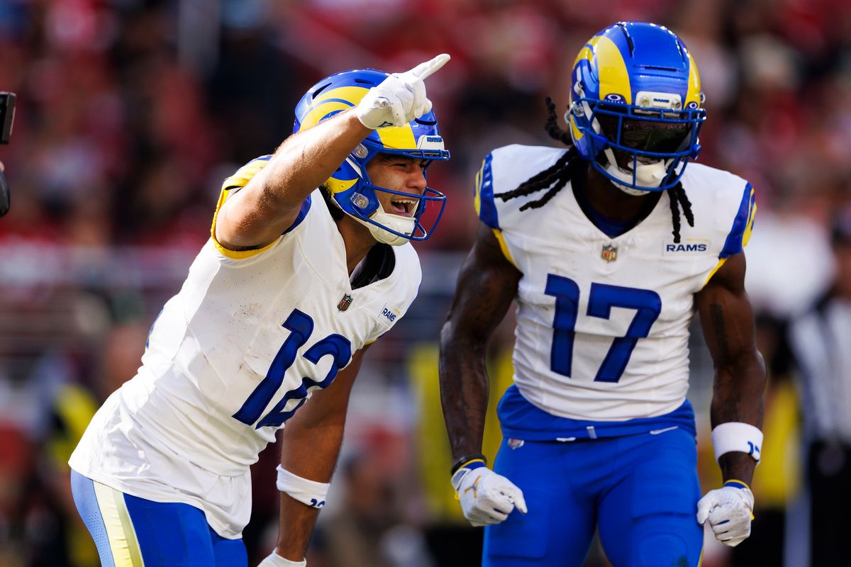 Puka Nacua #12 of the Los Angeles Rams celebrates with Davante Adams #17 of the Los Angeles Rams during the game against the San Francisco 49ers at Levi’s Stadium on November 9, 2025 in Santa Clara, California. Puka Nacua #12 of the Los Angeles Rams celebrates with Davante Adams #17 of the Los Angeles Rams during the game against the San Francisco 49ers at Levi’s Stadium on November 9, 2025 in Santa Clara, California.