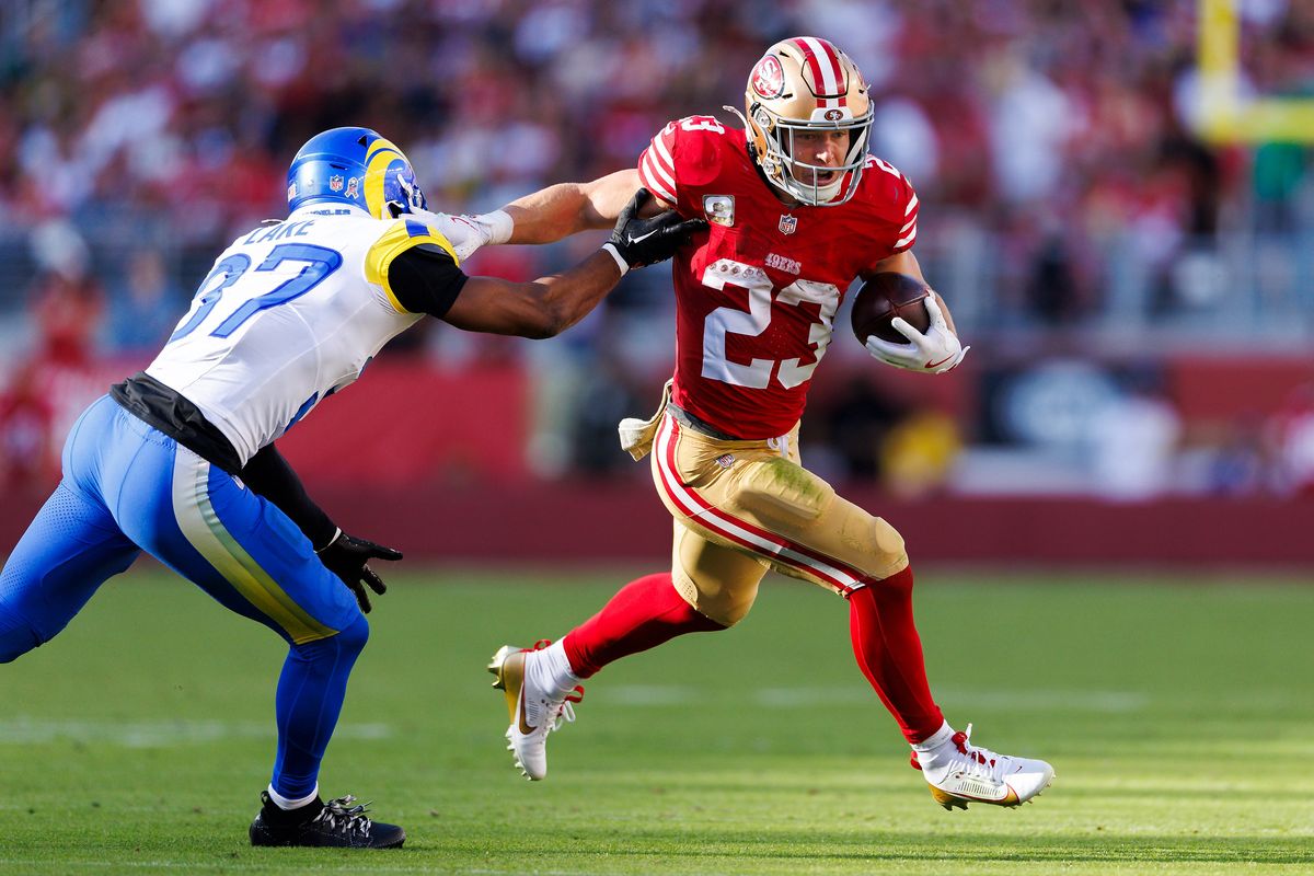 Christian McCaffrey #23 of the San Francisco 49ers runs with the ball during the game against the Los Angeles Rams at Levi’s Stadium on November 9, 2025 in Santa Clara, California. Christian McCaffrey #23 of the San Francisco 49ers runs with the ball during the game against the Los Angeles Rams at Levi’s Stadium on November 9, 2025 in Santa Clara, California.