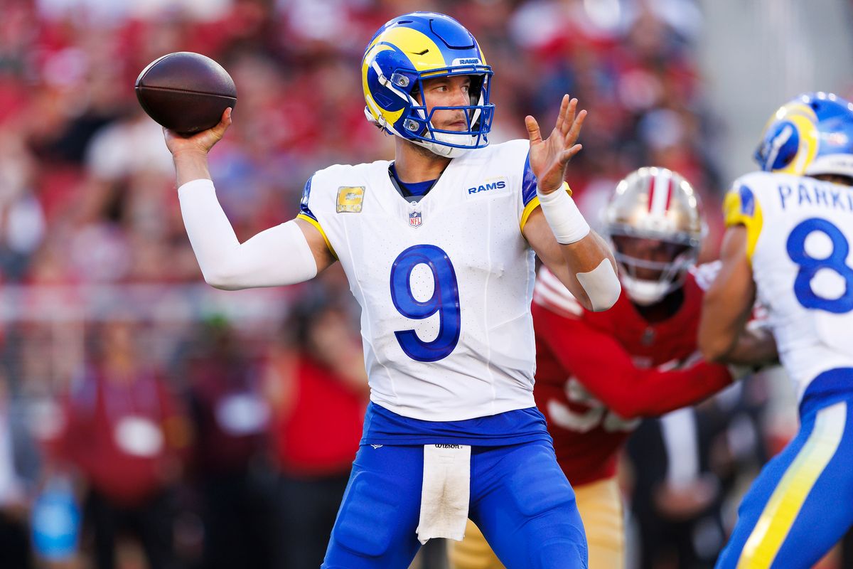 Matthew Stafford #9 of the Los Angeles Rams throws during the game against the San Francisco 49ers at Levi’s Stadium on November 9, 2025 in Santa Clara, California. Matthew Stafford #9 of the Los Angeles Rams throws during the game against the San Francisco 49ers at Levi’s Stadium on November 9, 2025 in Santa Clara, California.