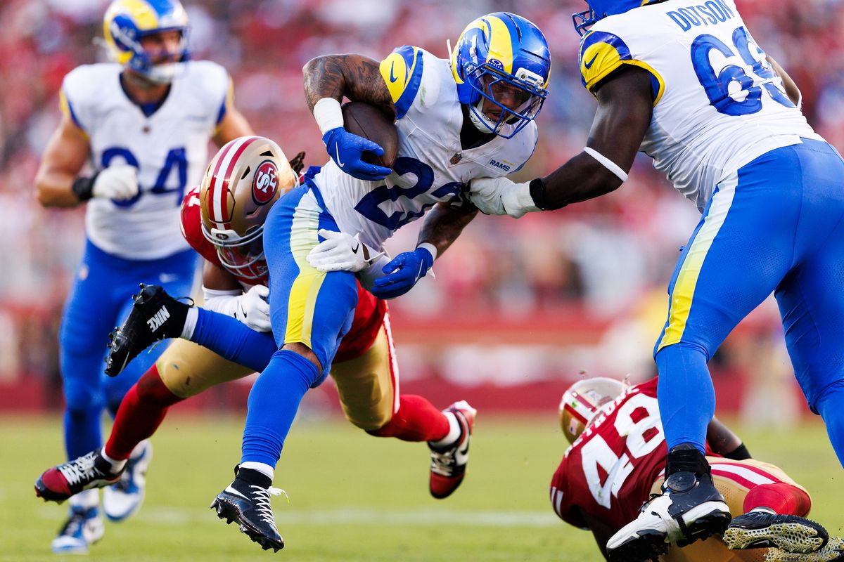 Kyren Williams #23 of the Los Angeles Rams runs with the ball during the game against the San Francisco 49ers at Levi’s Stadium on November 9, 2025 in Santa Clara, California. Kyren Williams #23 of the Los Angeles Rams runs with the ball during the game against the San Francisco 49ers at Levi’s Stadium on November 9, 2025 in Santa Clara, California.