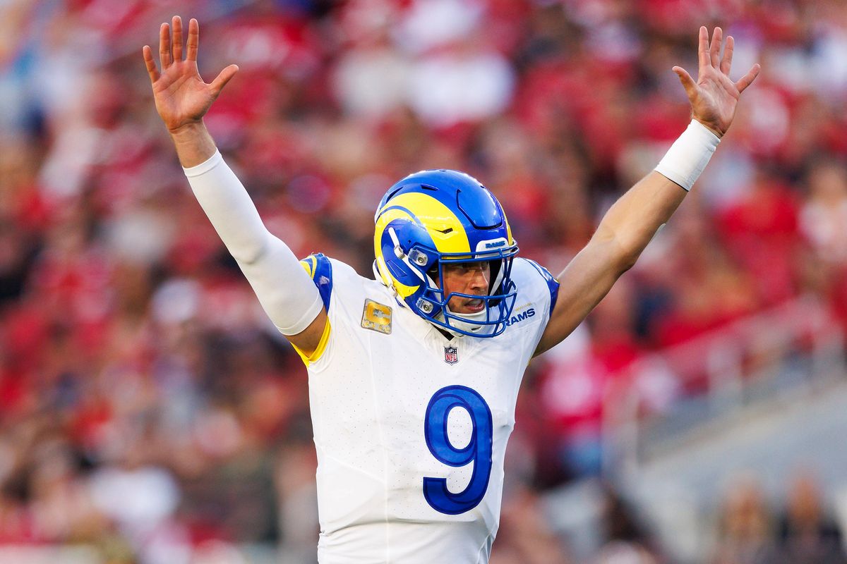 Matthew Stafford #9 of the Los Angeles Rams celebrates a touchdown during the game against the San Francisco 49ers at Levi’s Stadium on November 9, 2025 in Santa Clara, California. Matthew Stafford #9 of the Los Angeles Rams celebrates a touchdown during the game against the San Francisco 49ers at Levi’s Stadium on November 9, 2025 in Santa Clara, California.