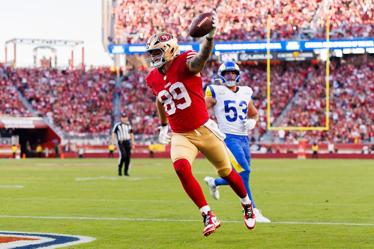 Luke Farrell #89 of the San Francisco 49ers celebrates a touchdown during the game against the Los Angeles Rams at Levi’s Stadium on November 9, 2025 in Santa Clara, California. Luke Farrell #89 of the San Francisco 49ers celebrates a touchdown during the game against the Los Angeles Rams at Levi’s Stadium on November 9, 2025 in Santa Clara, California.
