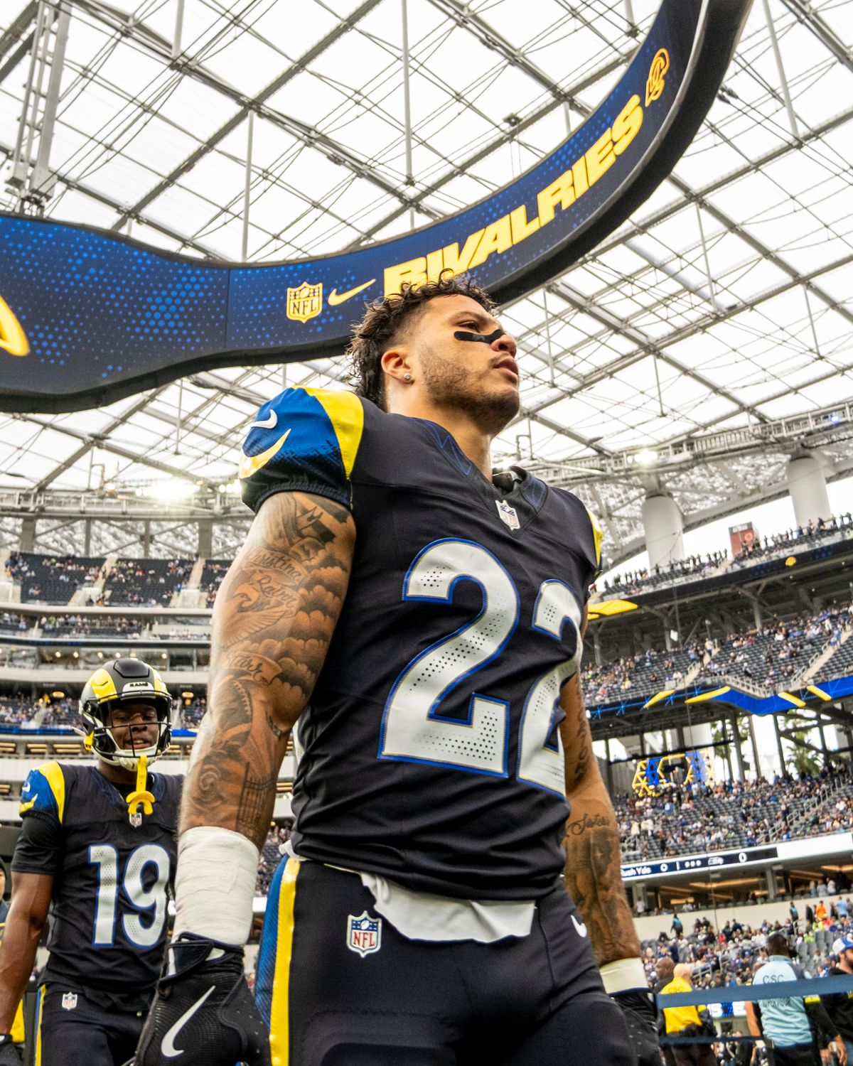 Los Angeles Rams running back, Blake Corum (22) during an NFL football game against the Seattle Seahawks on November 16, 2025 in Los Angeles, CA.