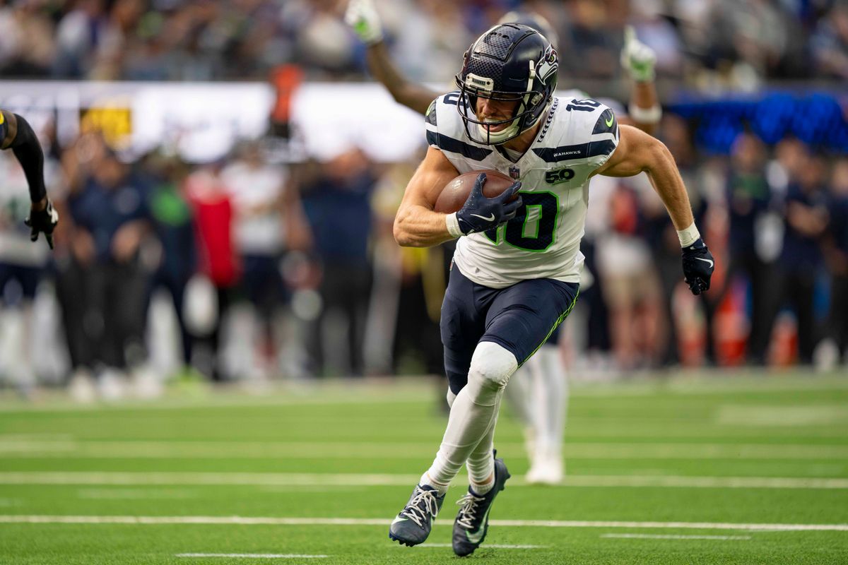 Seattle Seahawks wide receiver, Cooper Kupp (10) catches and runs with the ball during an NFL football game against the Los Angeles Rams on November 16, 2025 in Los Angeles, CA.