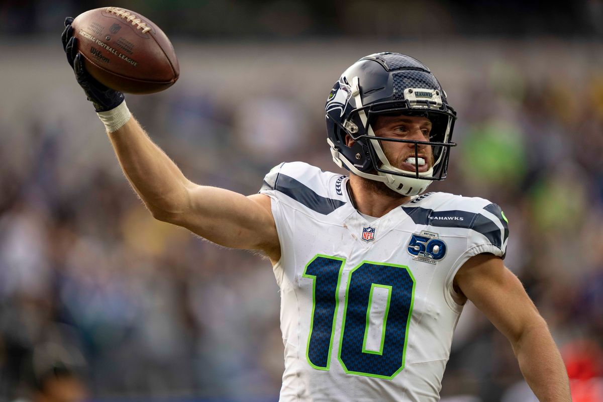 Seattle Seahawks wide receiver, Cooper Kupp (10) celebrates a catch during an NFL football game against the Los Angeles Rams on November 16, 2025 in Los Angeles, CA.