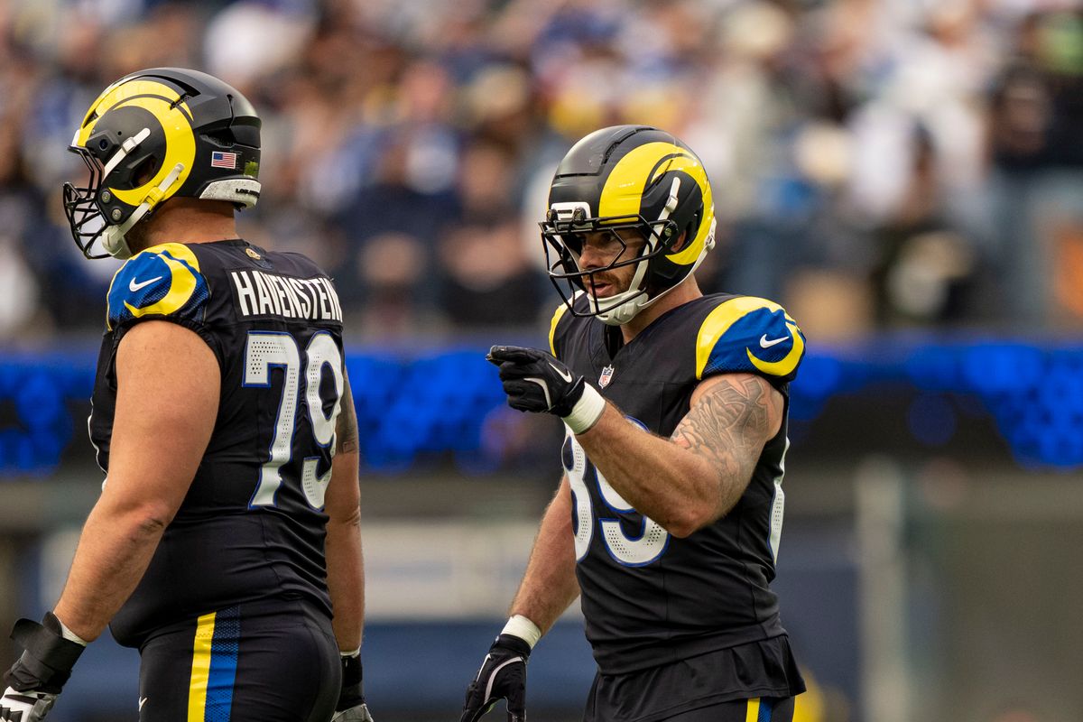 Los Angeles Rams tight end, Tyler Higbee (89) signals a first down during an NFL football game against the Seattle Seahawks on November 16, 2025 in Los Angeles, CA.