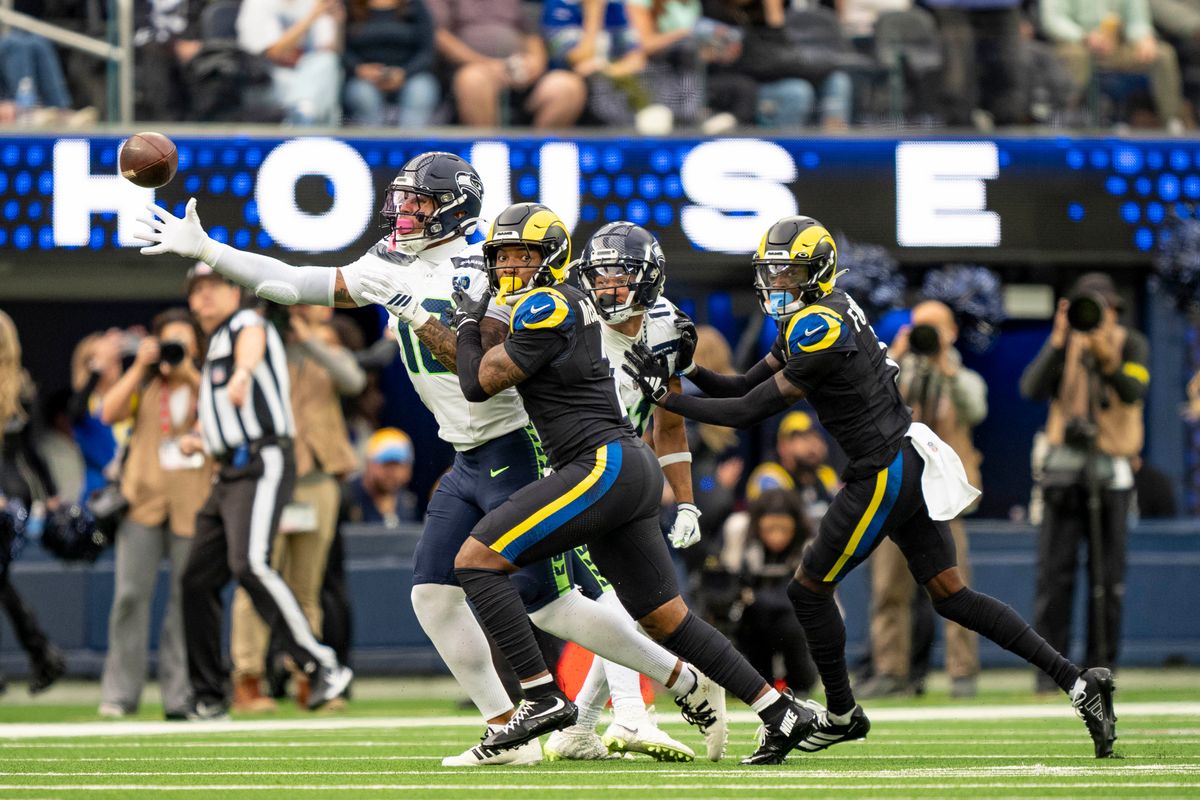 Seattle Seahawks wide receiver, Tory Horton (18) reaches for a pass during an NFL football game against the Los Angeles Rams on November 16, 2025 in Los Angeles, CA.