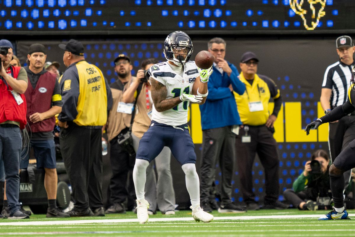 Seattle Seahawks wide receiver, Jaxon Smith-Njigba (11) makes a catch during an NFL football game against the Los Angeles Rams on November 16, 2025 in Los Angeles, CA.