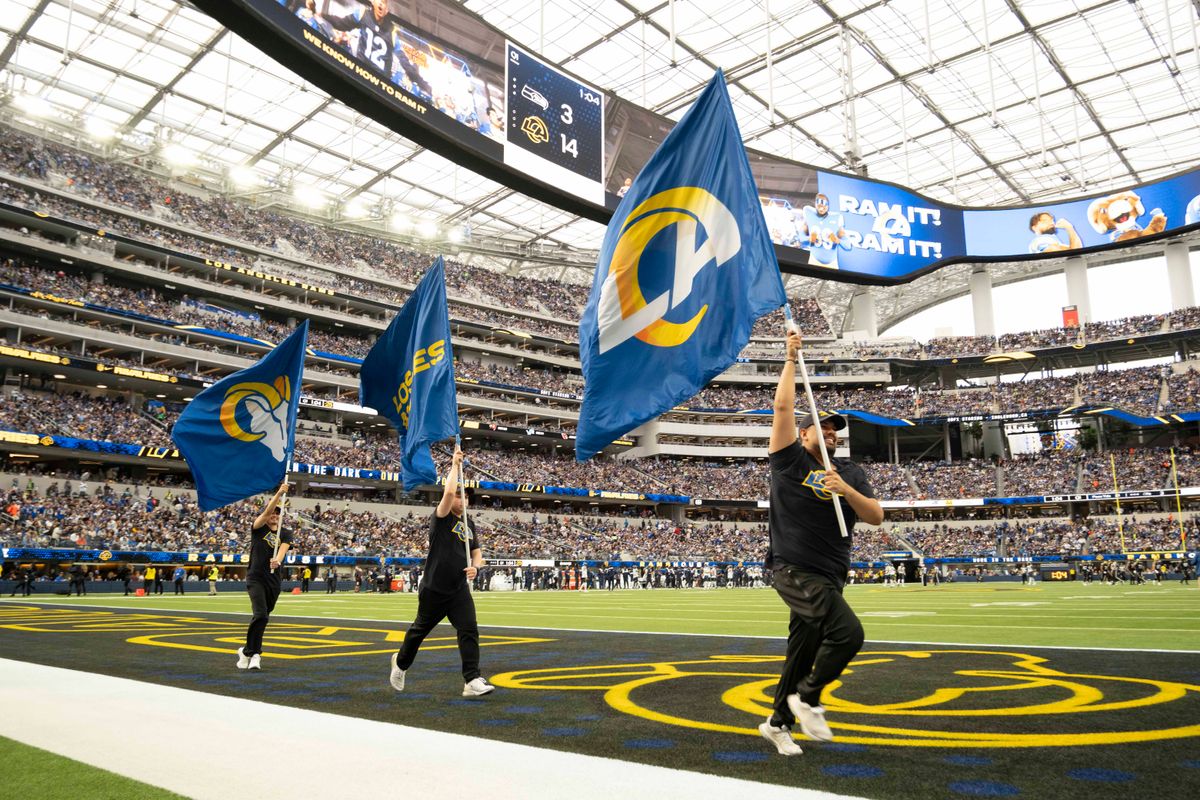 Los Angeles Rams celebrate a touchdown during an NFL football game against the Seattle Seahawks on November 16, 2025 in Los Angeles, CA.
