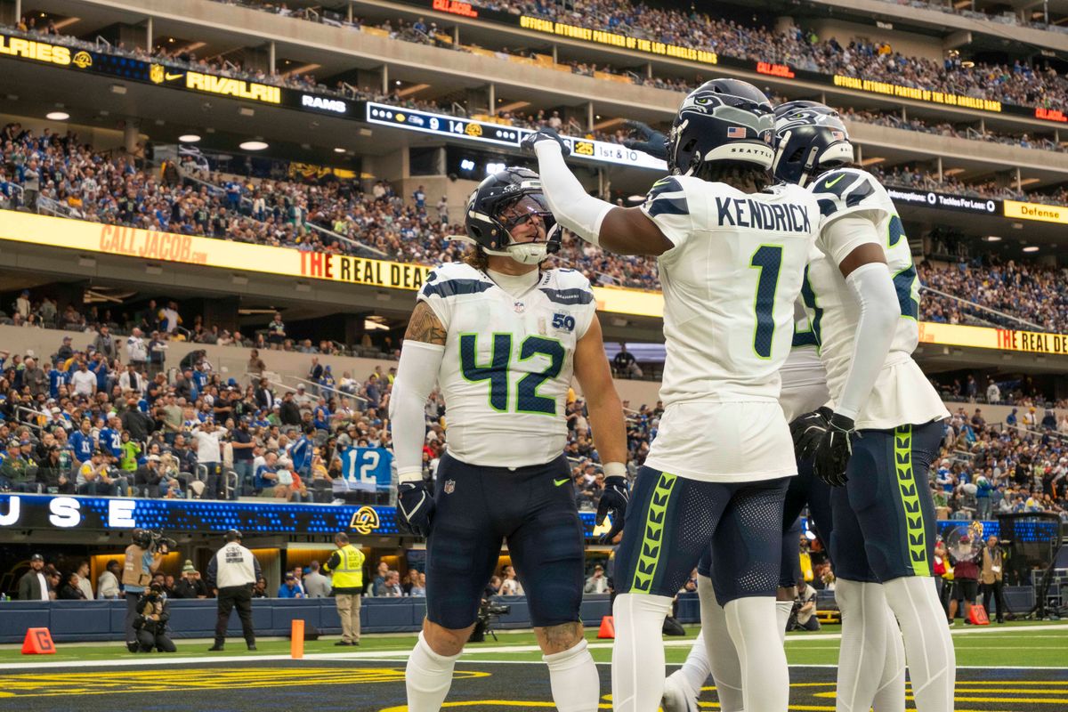 Seattle Seahawks linebacker, Drake Thomas (42) celebrates a turnover during an NFL football game against the Los Angeles Rams on November 16, 2025 in Los Angeles, CA.