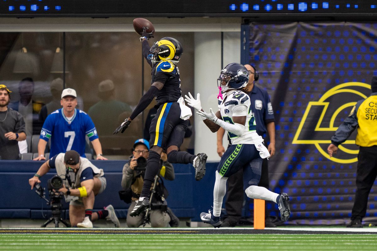 Los Angeles Rams cornerback, Emmanuel Forbes Jr. (1) breaks up a touchdown pass during an NFL football game against the Seattle Seahawks on November 16, 2025 in Los Angeles, CA.