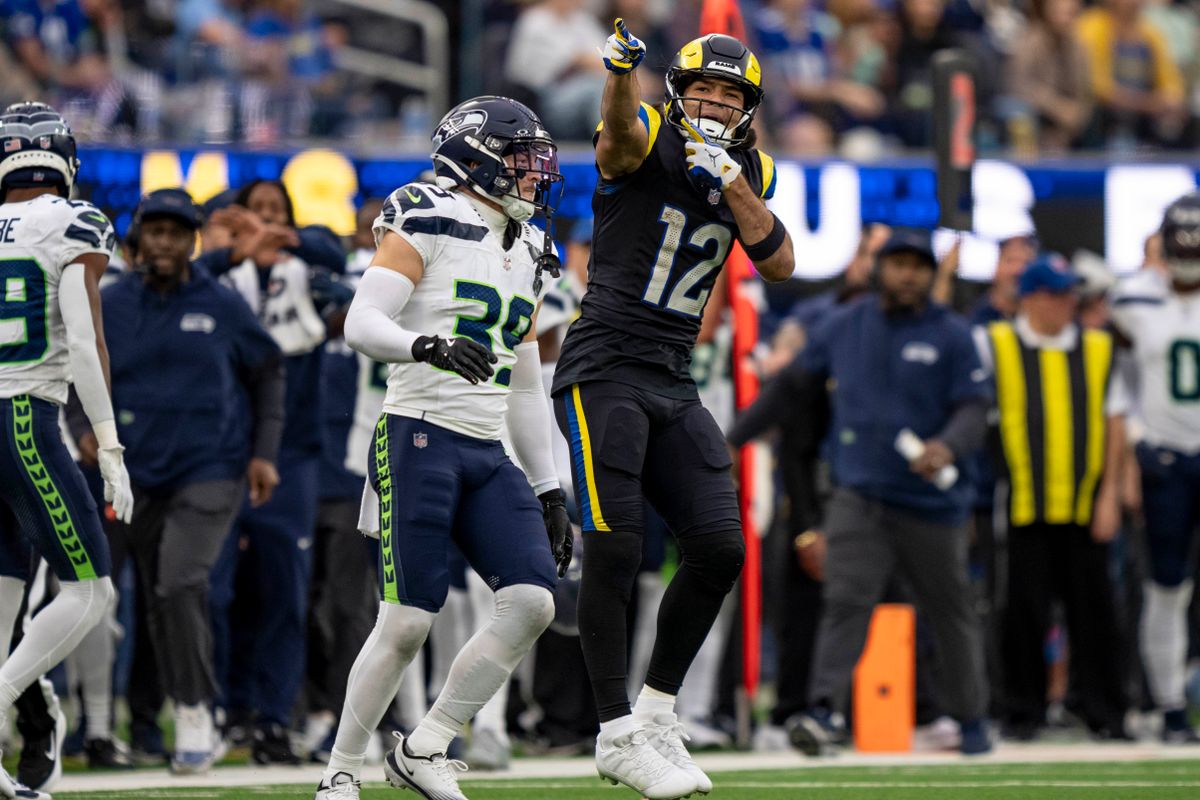 Los Angeles Rams wide receiver, Puka Nacua (12) celebrates a first down during an NFL football game against the Seattle Seahawks on November 16, 2025 in Los Angeles, CA.