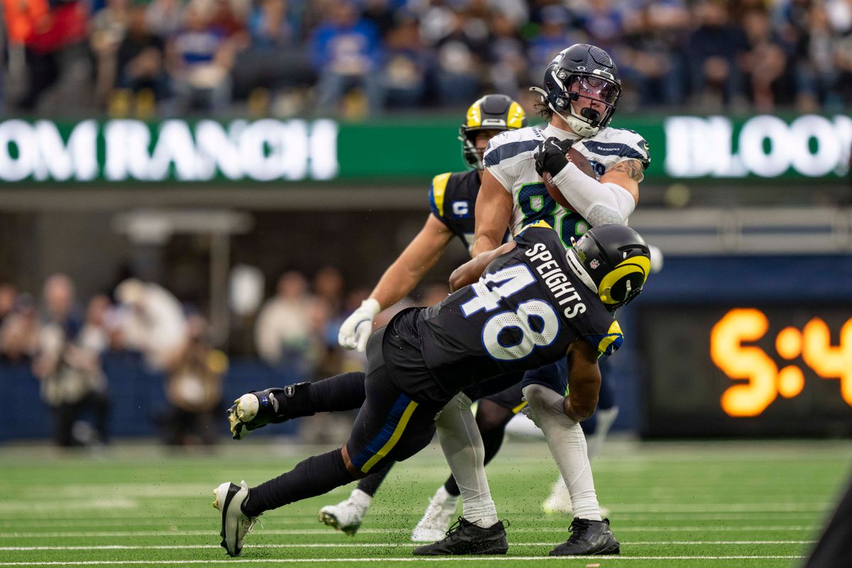 Los Angeles Rams linebacker, Omar Speights (48) makes a tackle during an NFL football game against the Seattle Seahawks on November 16, 2025 in Los Angeles, CA.