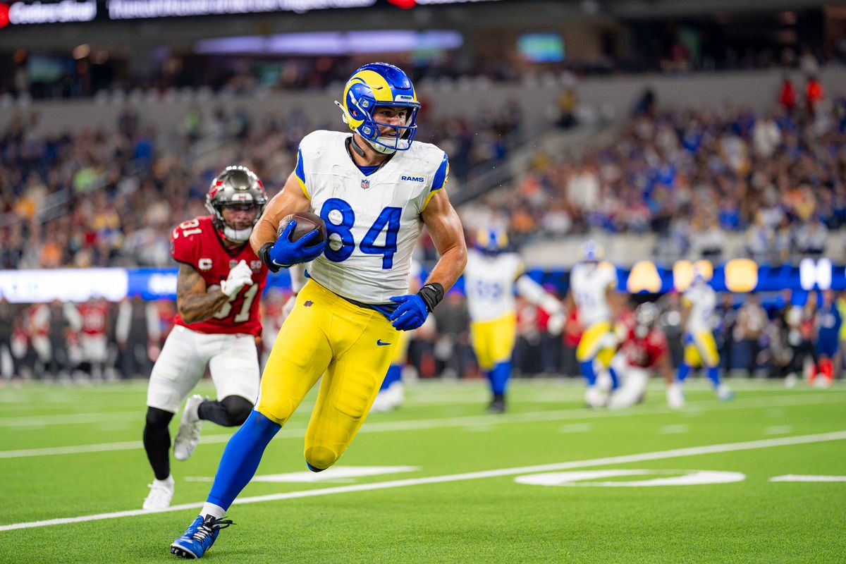  Los Angeles Rams tight end, Colby Parkinson (84) runs after a catch during an NFL football game against the Tampa Bay Buccaneers on November 23, 2025 in Los Angeles, CA.