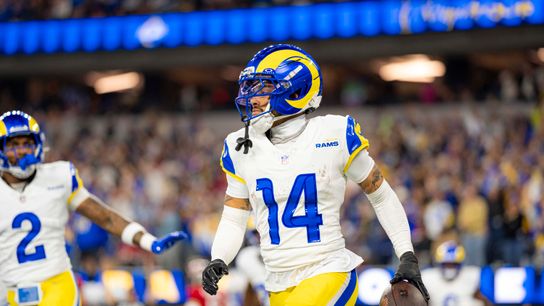 Los Angeles Rams cornerback, Cobie Durant (14) celebrates a pick-six during an NFL football game against the Tampa Bay Buccaneers on November 23, 2025 in Los Angeles, CA.