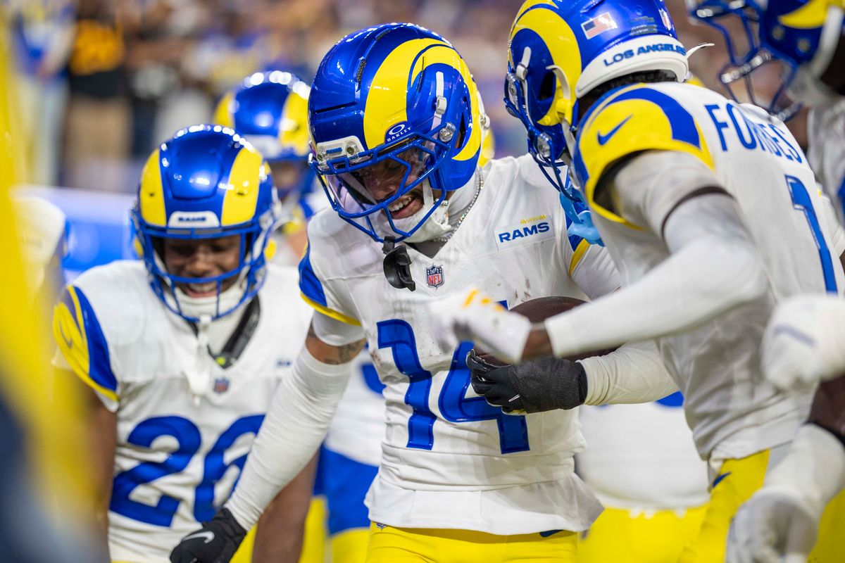 Los Angeles Rams cornerback, Cobie Durant (14) celebrates a pick-six during an NFL football game against the Tampa Bay Buccaneers on November 23, 2025 in Los Angeles, CA.