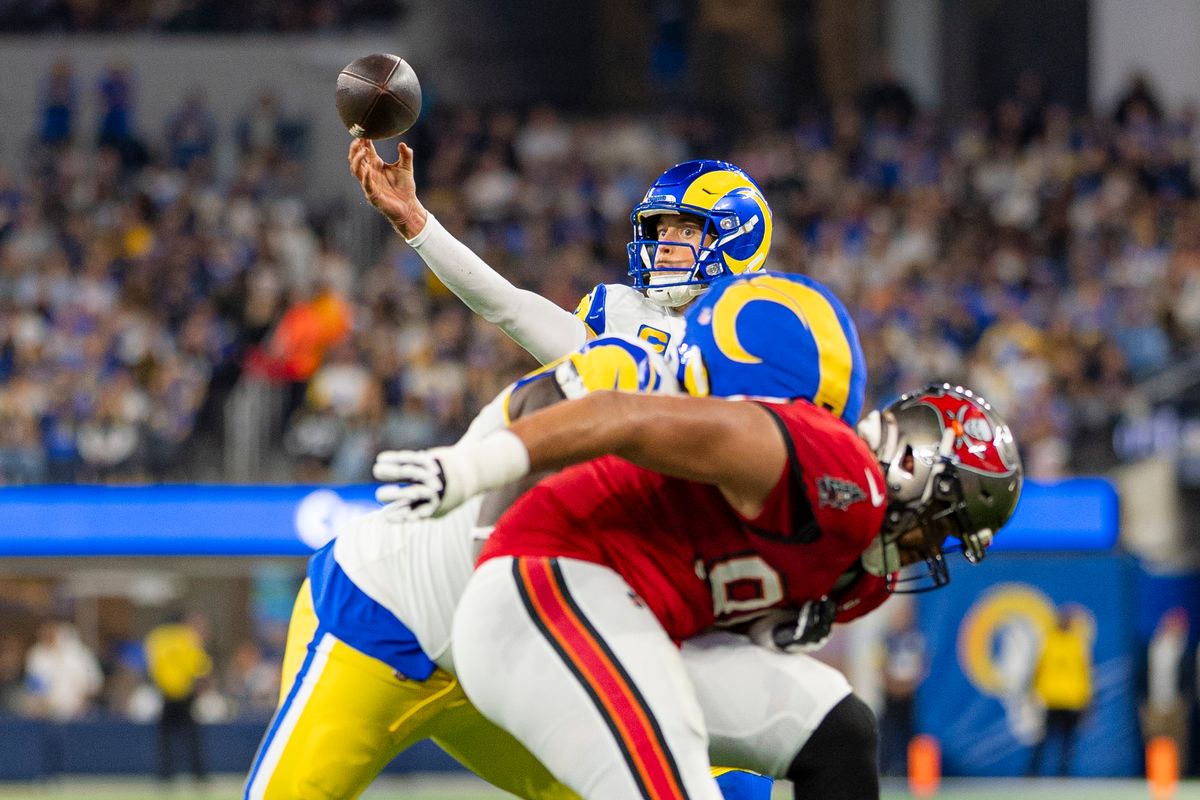 Los Angeles Rams quarterback, Matthew Stafford (9) passes with anticipation during an NFL football game against the Tampa Bay Buccaneers on November 23, 2025 in Los Angeles, CA.