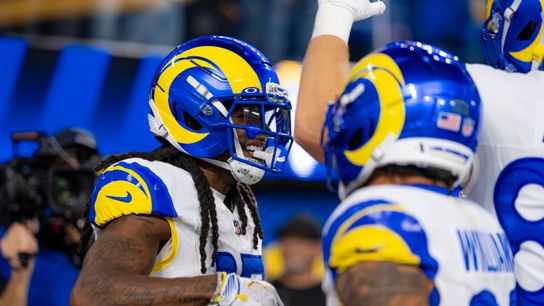 Los Angeles Rams wide receiver, Davantae Adams (17) celebrates a touchdown catch during an NFL football game against the Tampa Bay Buccaneers on November 23, 2025 in Los Angeles, CA.