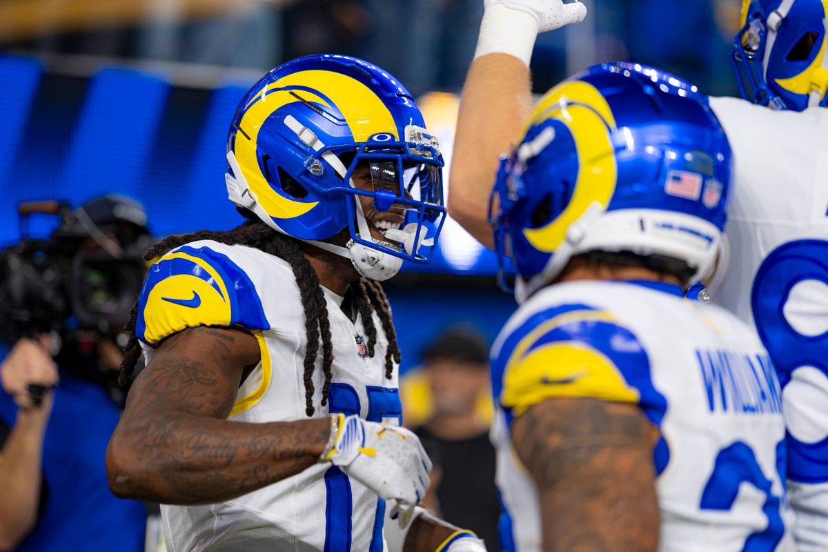 Los Angeles Rams wide receiver, Davantae Adams (17) celebrates a touchdown catch during an NFL football game against the Tampa Bay Buccaneers on November 23, 2025 in Los Angeles, CA.
