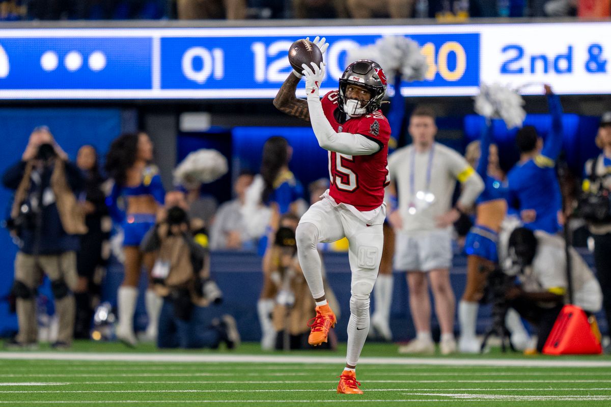 Tampa Bay Buccaneers wide receiver, Ted Johnson (15) makes a reception during an NFL football game against the Los Angeles Rams on November 23, 2025 in Los Angeles, CA.
