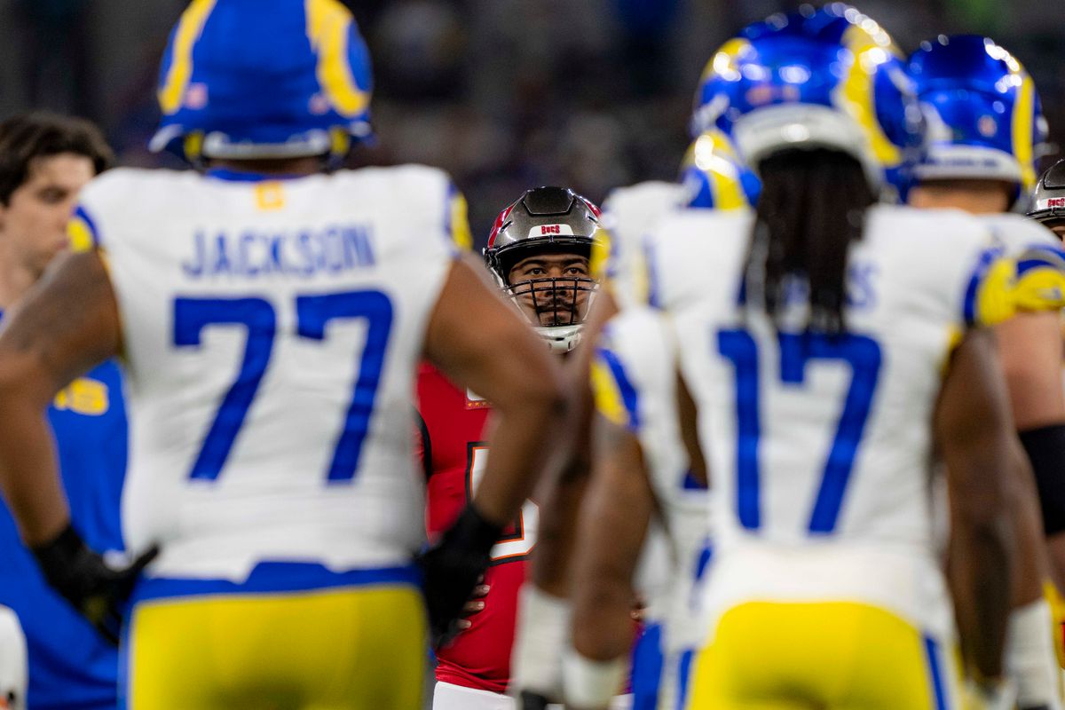 Tampa Bay Buccaneers defensive lineman, Vita Vea (90) waits for the offense during an NFL football game against the Los Angeles Rams on November 23, 2025 in Los Angeles, CA.
