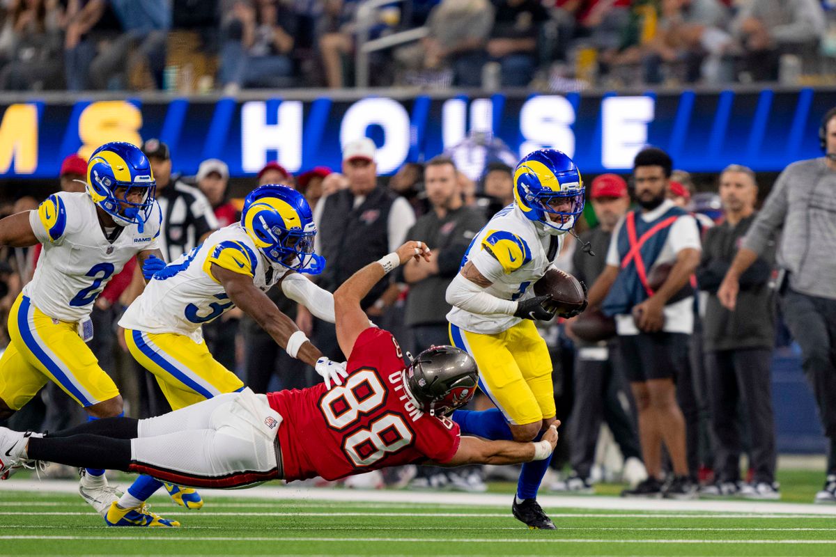 Los Angeles Rams cornerback, Cobie Durant (14) makes an interception during an NFL football game against the Tampa Bay Buccaneers on November 23, 2025 in Los Angeles, CA.