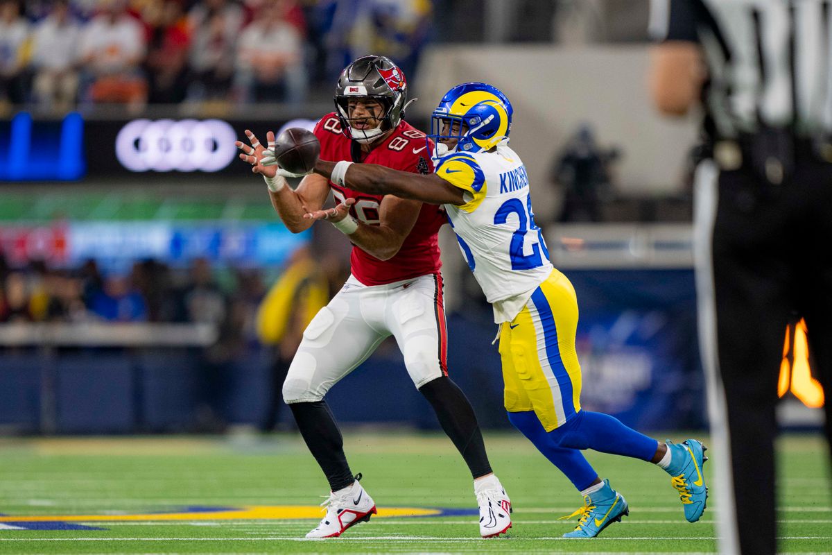 Los Angeles Rams cornerback, Kamren Kinchens (26) breaks up a pass during an NFL football game against the Tampa Bay Buccaneers on November 23, 2025 in Los Angeles, CA.