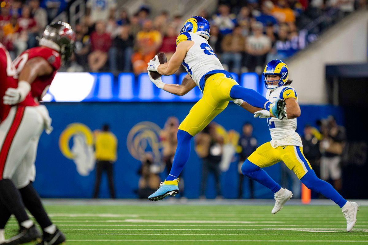 Los Angeles Rams tight end, Colby Parkinson (84) makes a leaping catch during an NFL football game against the Tampa Bay Buccaneers on November 23, 2025 in Los Angeles, CA.
