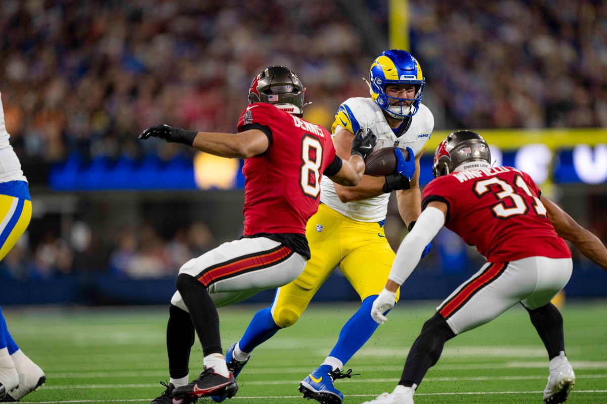 Los Angeles Rams tight end, Colby Parkinson (84) runs after a catch during an NFL football game against the Tampa Bay Buccaneers on November 23, 2025 in Los Angeles, CA.