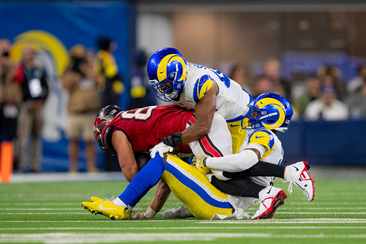 Los Angeles Rams safety, Cam Curl (3) makes a tackle during an NFL football game against the Tampa Bay Buccaneers on November 23, 2025 in Los Angeles, CA.
