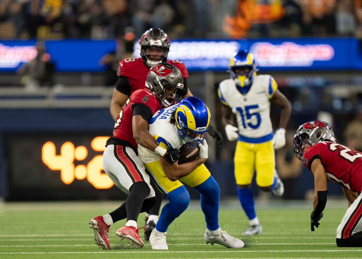 Los Angeles Rams wide receiver, Puka Nacua (12) catches a pass during an NFL football game against the Tampa Bay Buccaneers on November 23, 2025 in Los Angeles, CA.