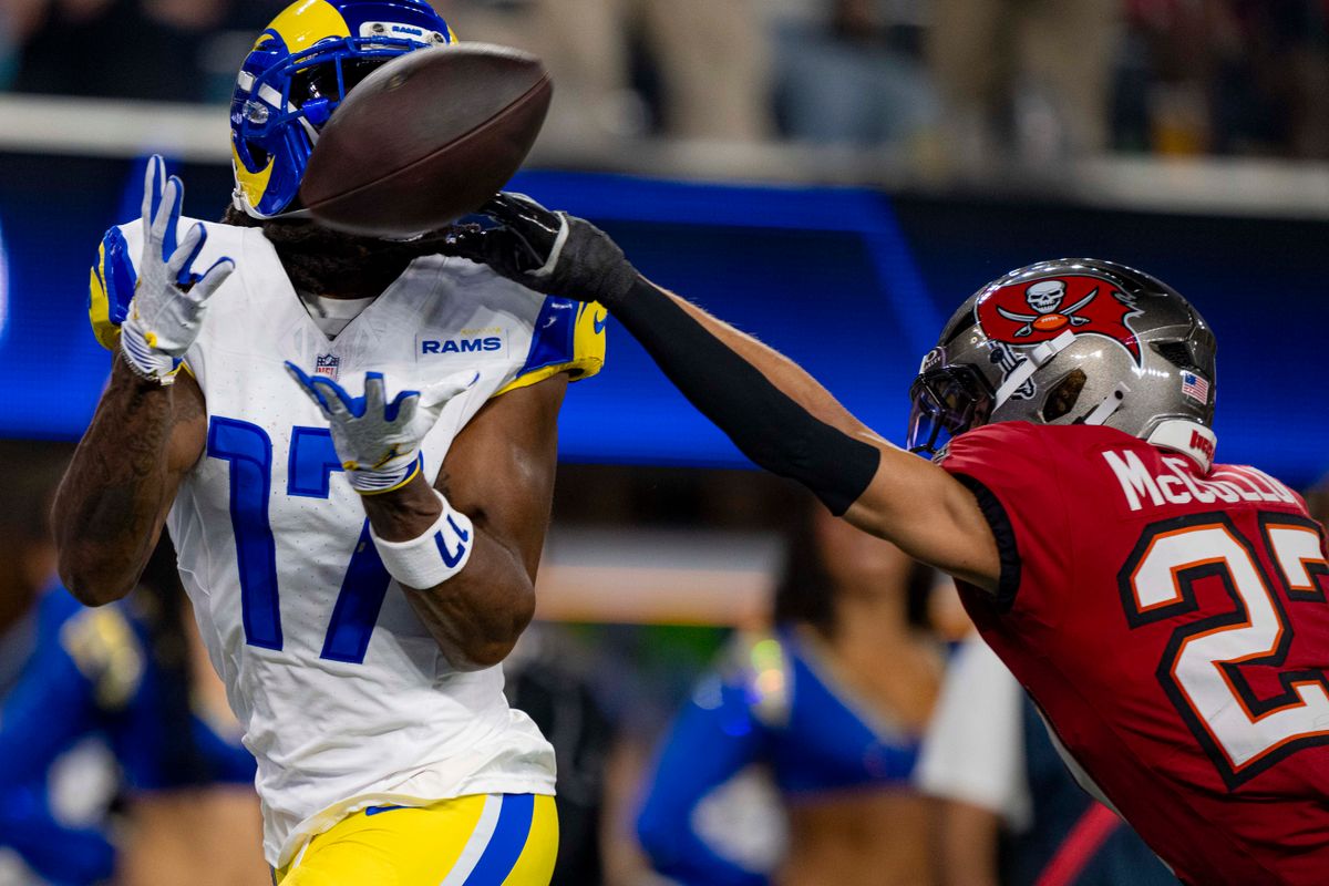 Los Angeles Rams wide receiver, Davantae Adams (17) catches a touchdown during an NFL football game against the Tampa Bay Buccaneers on November 23, 2025 in Los Angeles, CA.